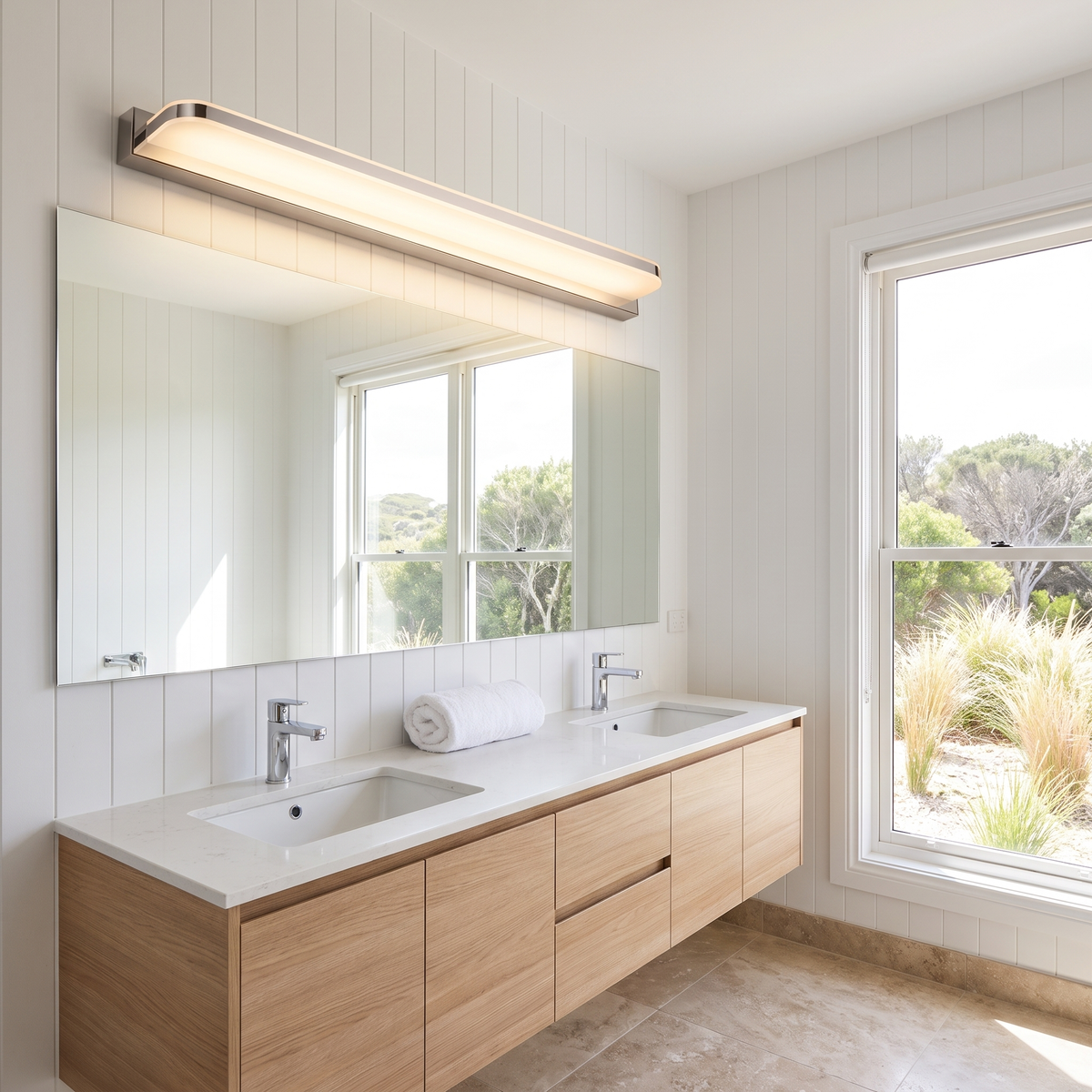 Plata silver LED vanity light above a wide mirror and oak double vanity in a beach house bathroom