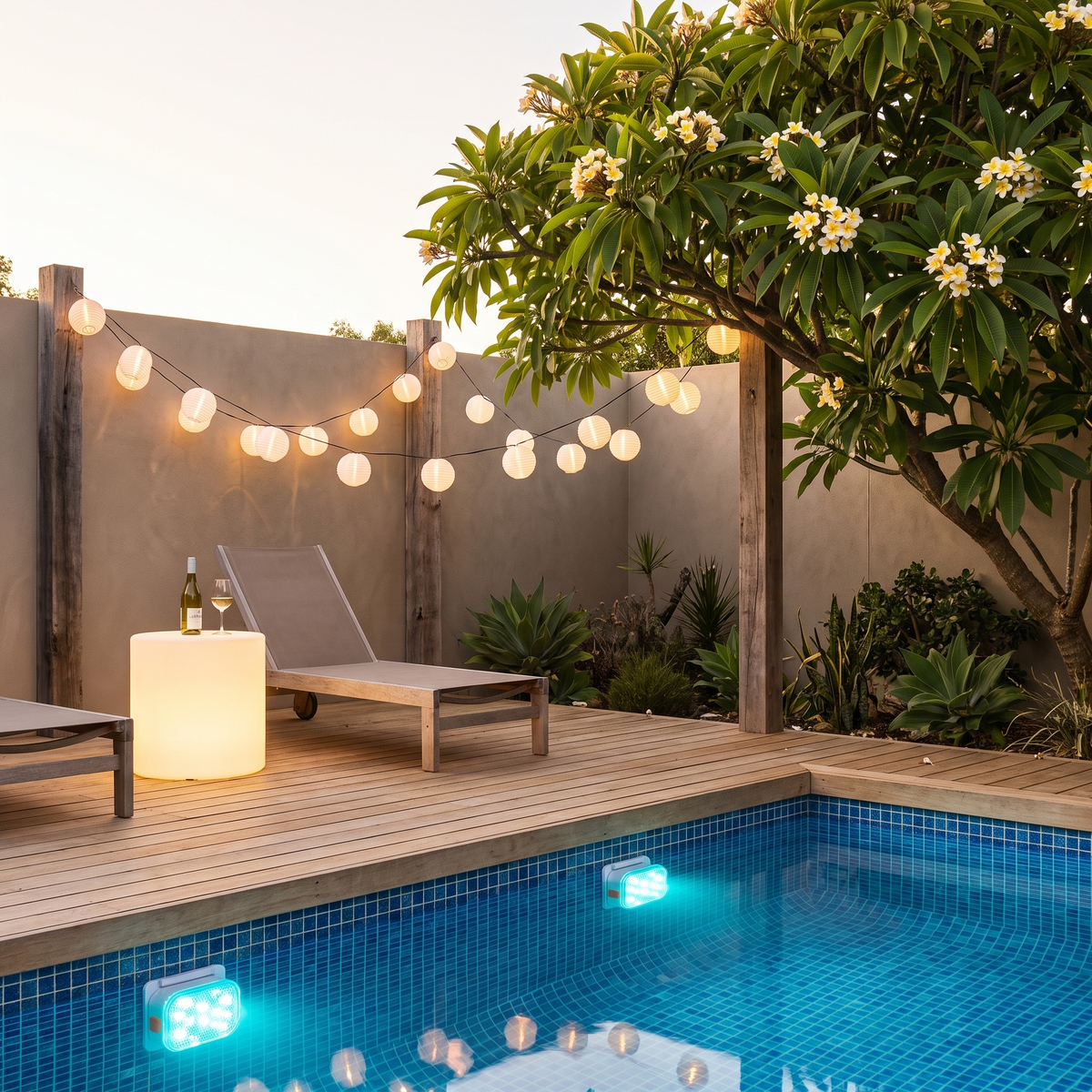 Walsh pool lights glowing underwater with Freya festoon lights and a Geri LED table beside a backyard pool at dusk