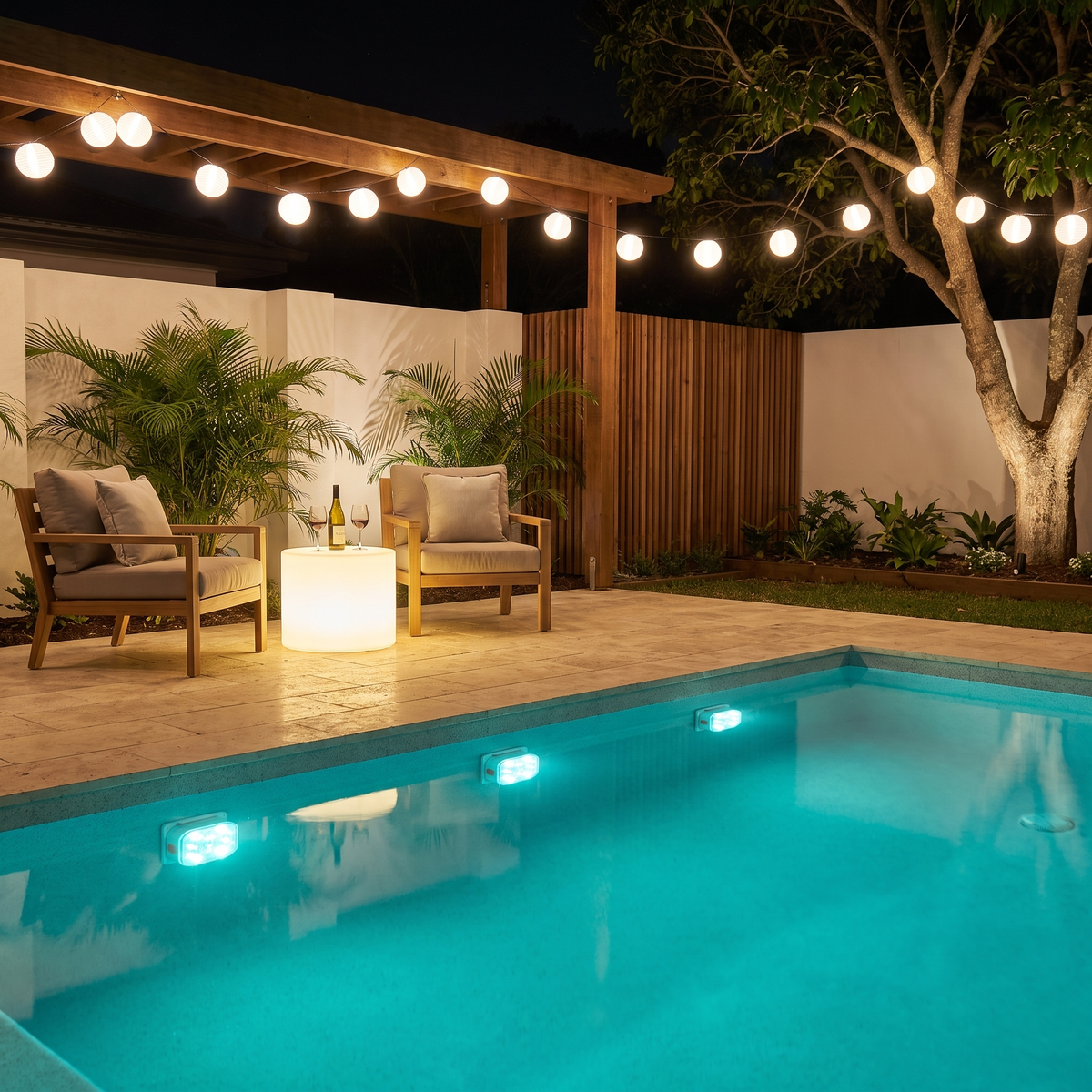 Backyard pool at night with Walsh pool lights, Freya festoon lights and a glowing Geri LED side table