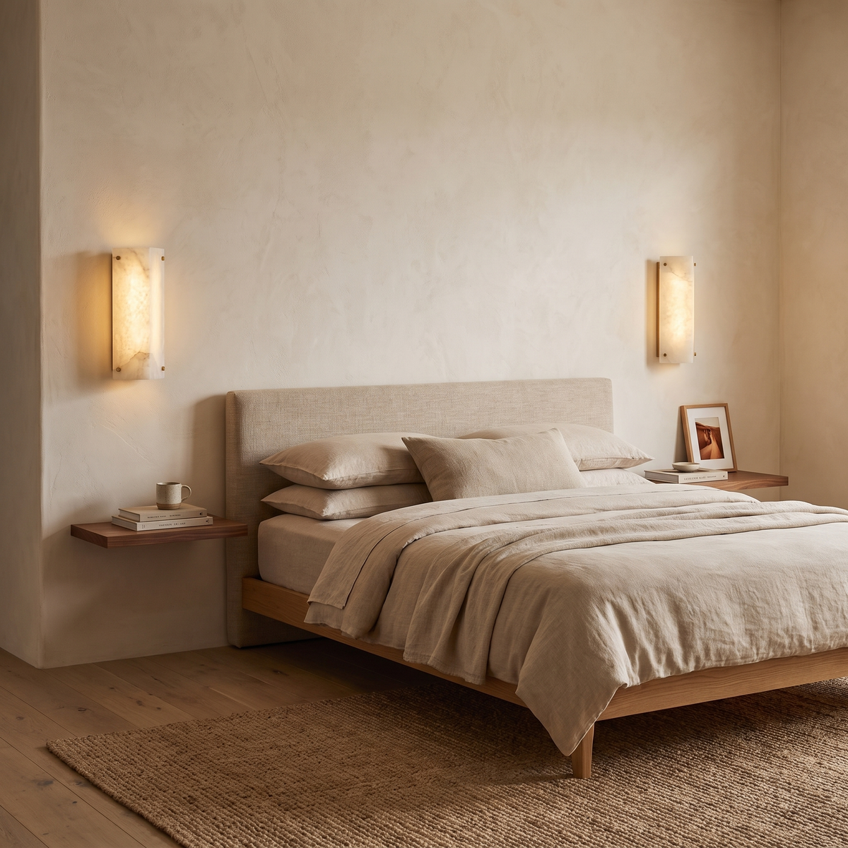Popi marble wall light Single either side of an oak bed in a Japandi bedroom