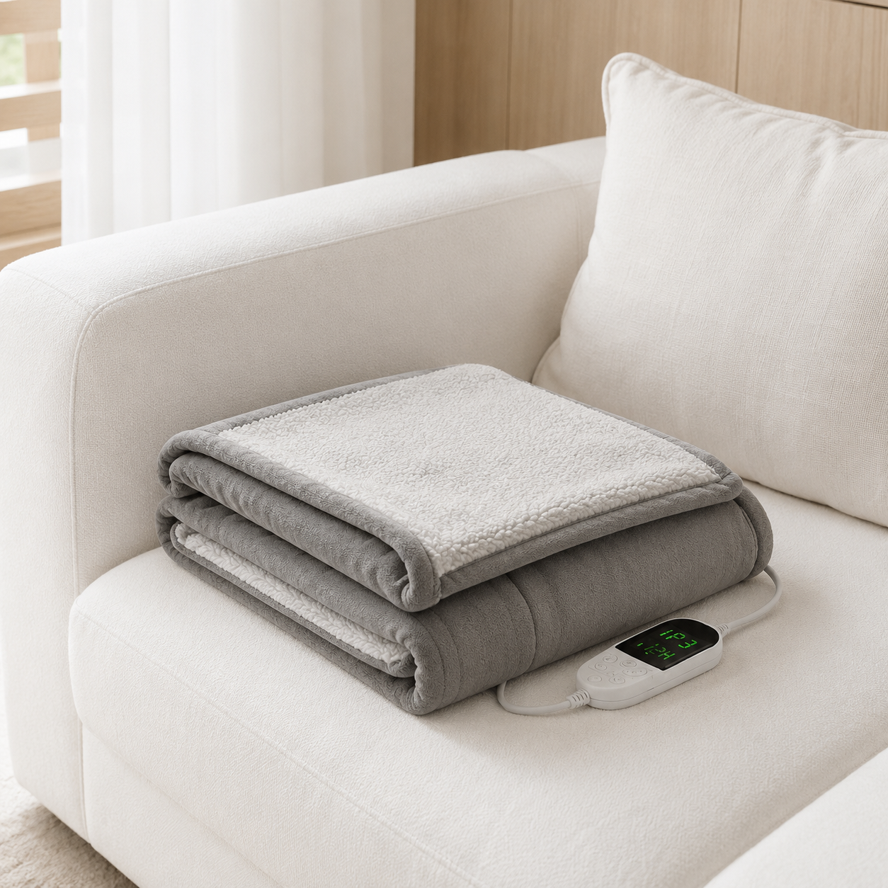 Poppy Electric Heated Blanket draped over a sofa for cosy warmth