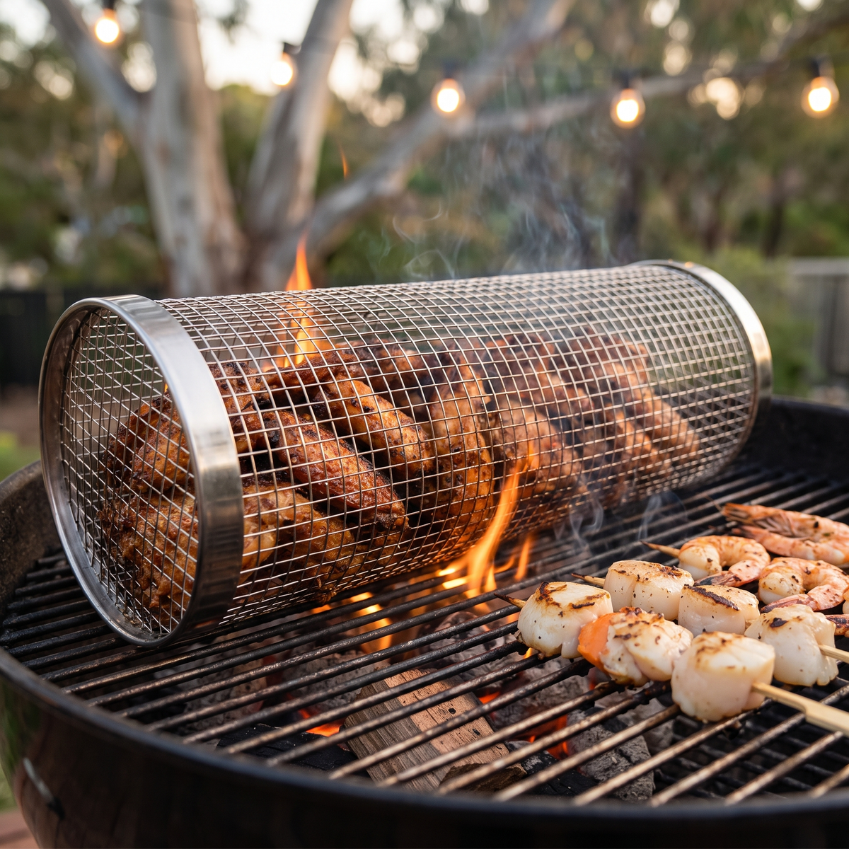 Prenta large rolling grilling basket of chicken wings over charcoal with scallop and prawn skewers at dusk