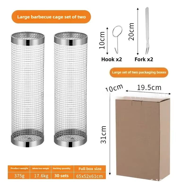 Prenta large rolling grilling baskets, a set of two 30cm (11.8in) mesh cages with hooks and forks