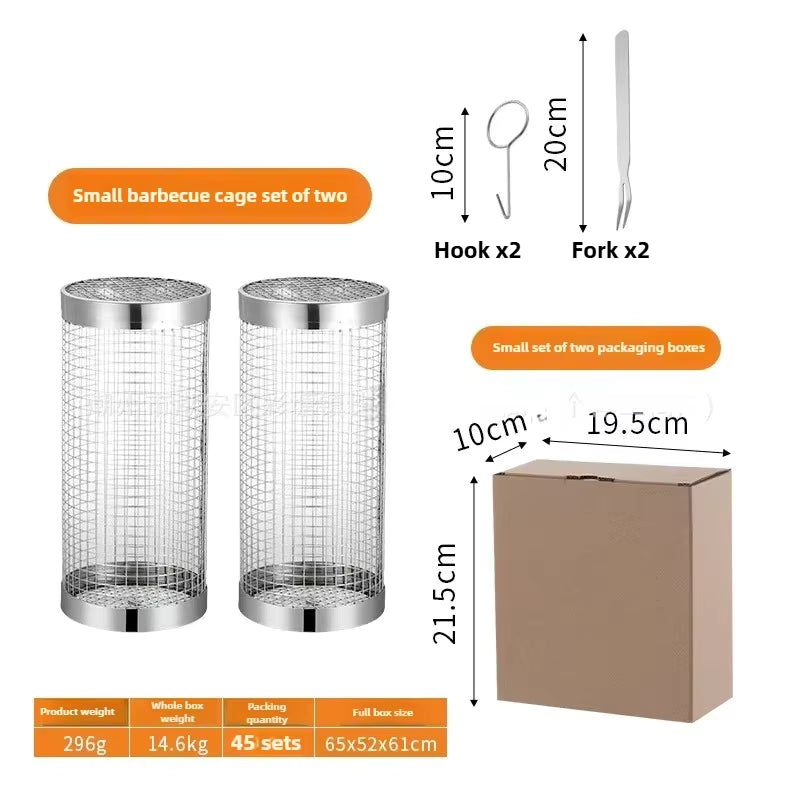 Prenta small rolling grilling baskets, a set of two 20cm (7.9in) mesh cages with hooks and forks
