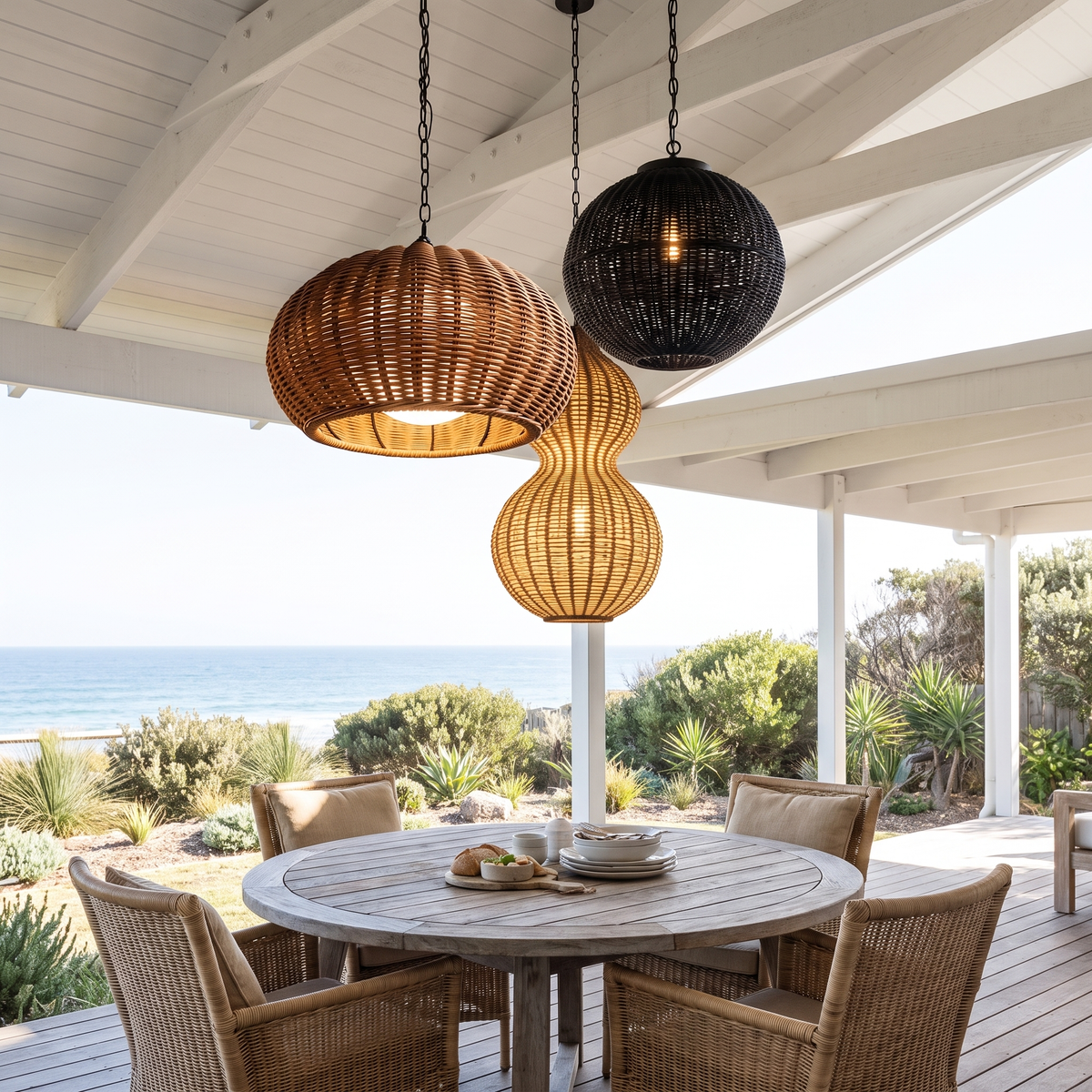 Tunco, Zicatela and Suka rattan outdoor pendants hung as a cluster over a beach house deck dining table