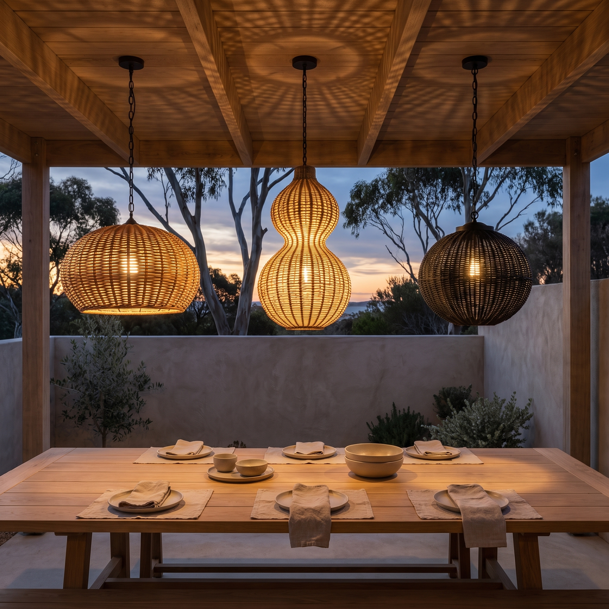Tunco, Zicatela and Suka rattan outdoor pendants glowing over a pergola dining table at twilight