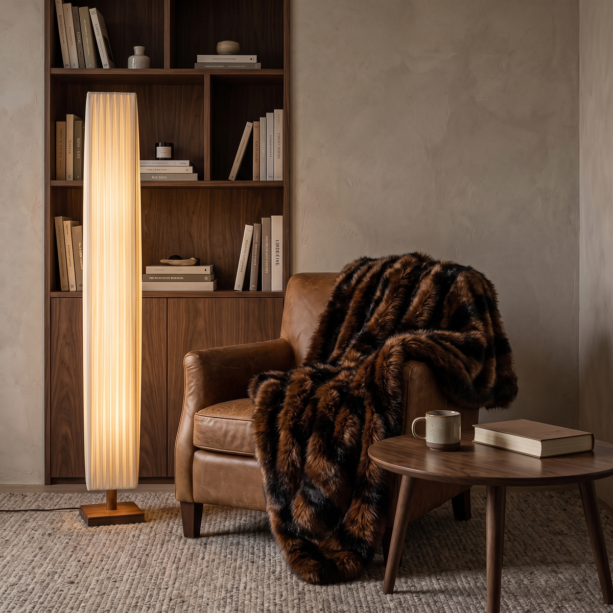 Yuki walnut floor lamp beside a leather armchair draped in a Lorne faux fur blanket with a Zeraphia round table