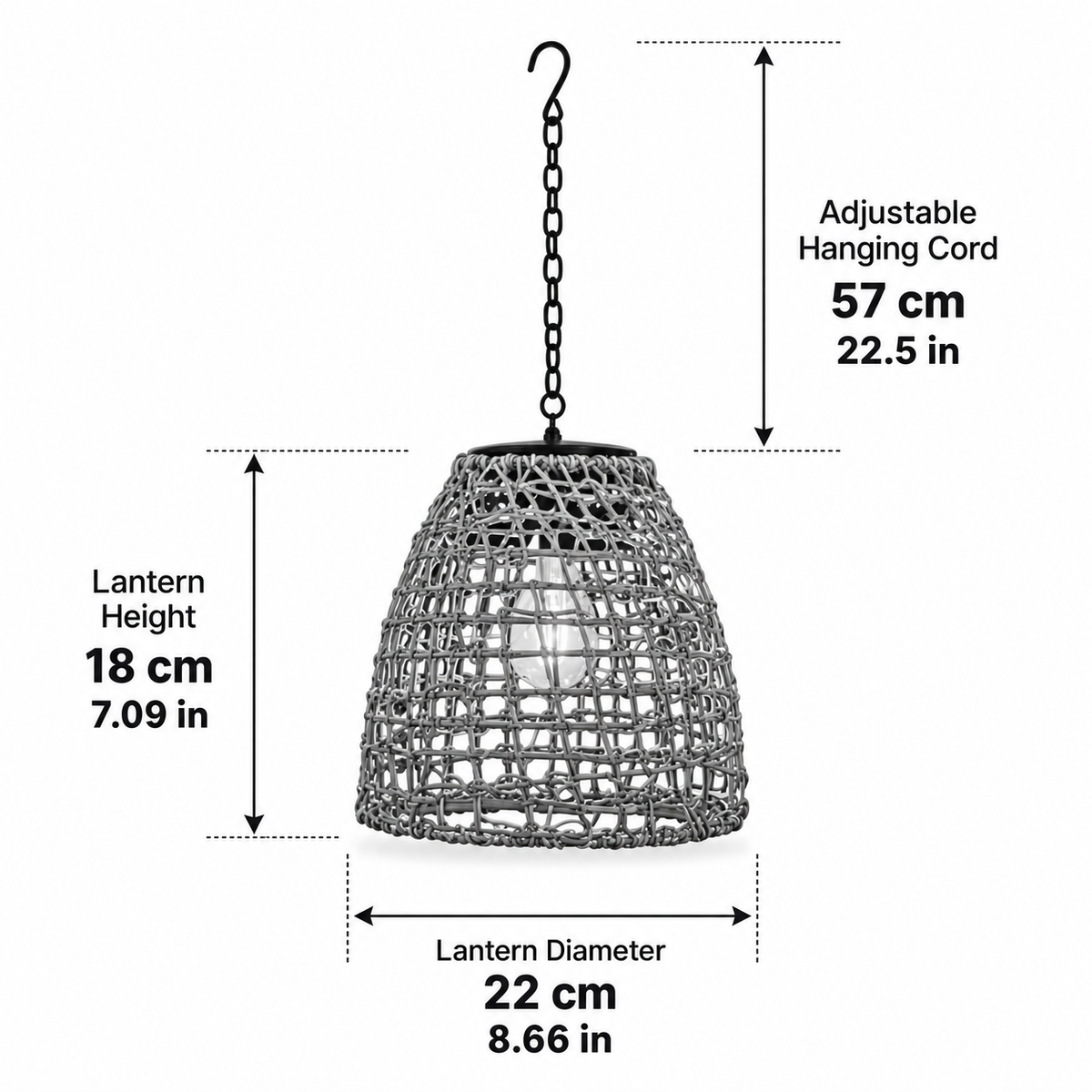 Riley rattan solar lantern dimensions, 22cm across and 18cm high with a 57cm hanging length