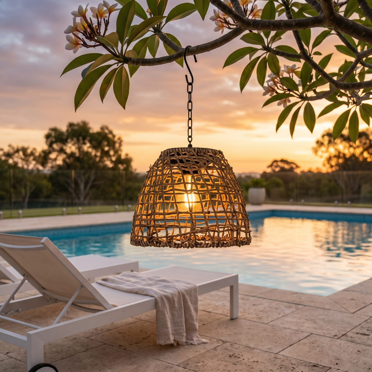 Riley rattan solar lantern hanging from a frangipani branch over a pool lounger at golden hour