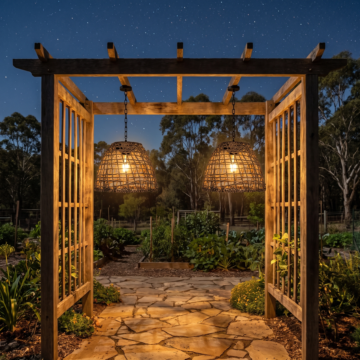 Two Riley rattan solar lanterns glowing from a timber garden arch over a stone path at night