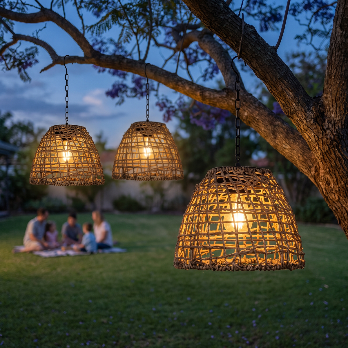 Three Riley rattan solar lanterns hanging from a large tree over a family lawn picnic at dusk