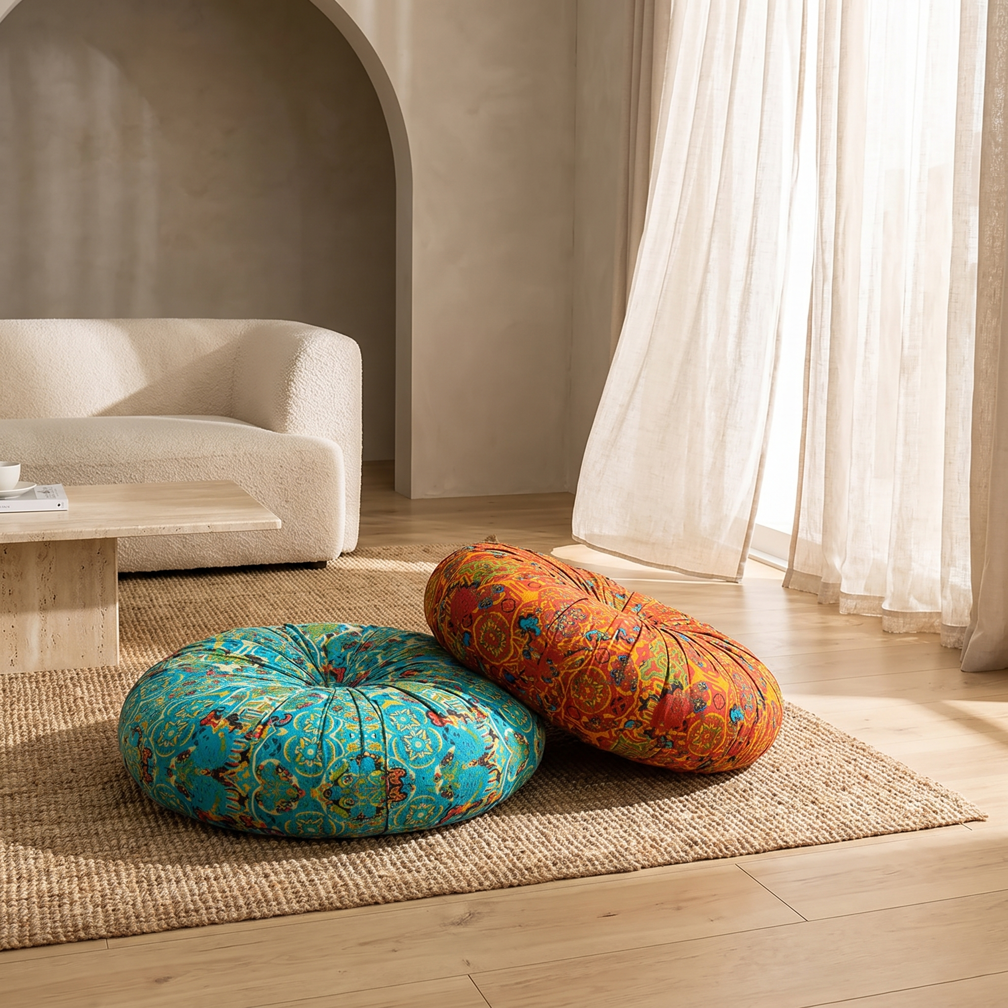 Rocio bohemian floor pillows in blue and orange on a jute rug in a coastal lounge
