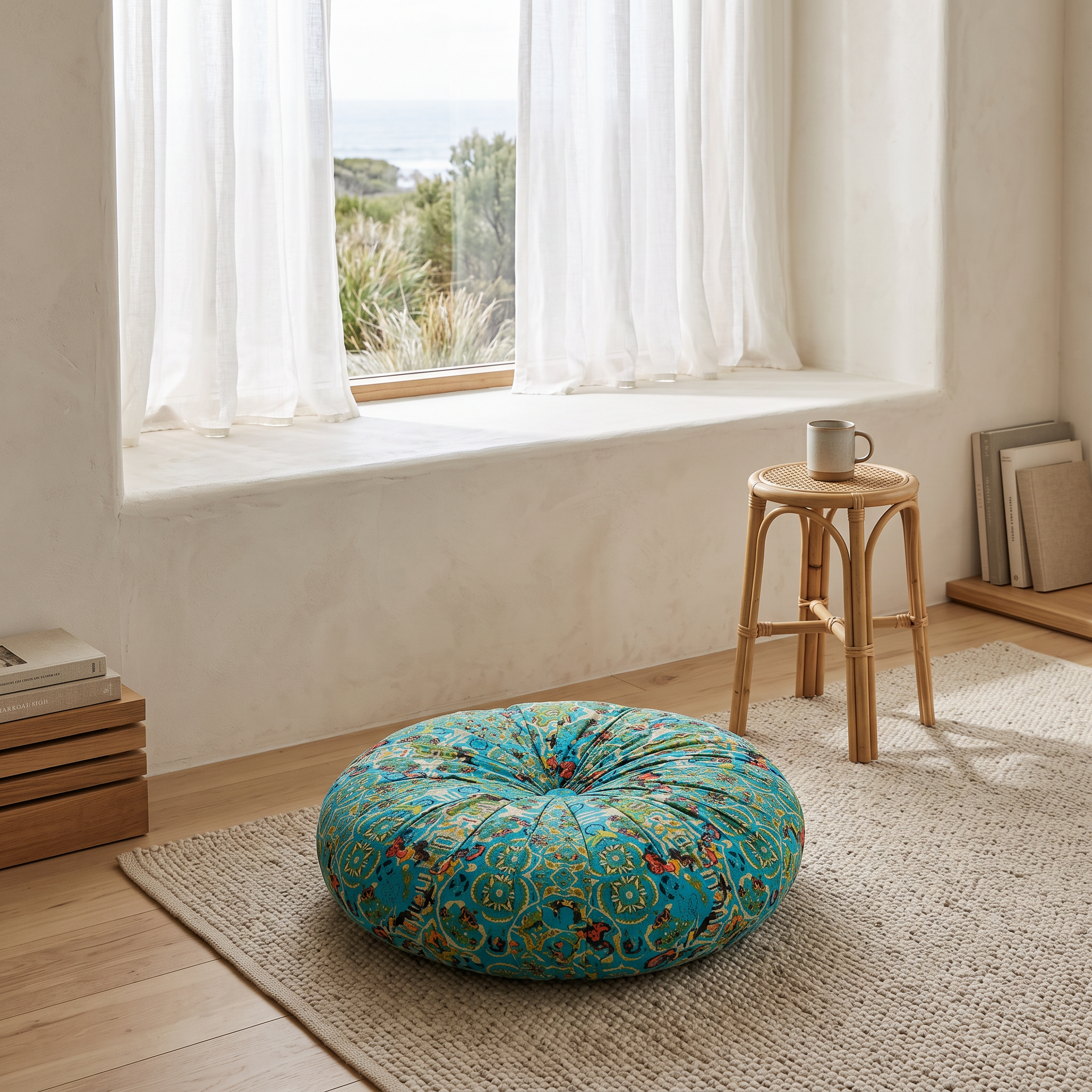 Rocio bohemian floor pillow in blue in a beach house window-seat reading nook