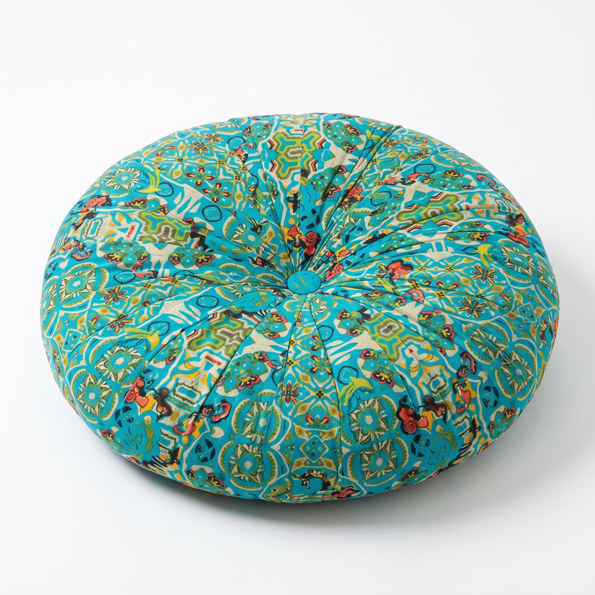 Rocio bohemian woven floor pillow in blue on a white background