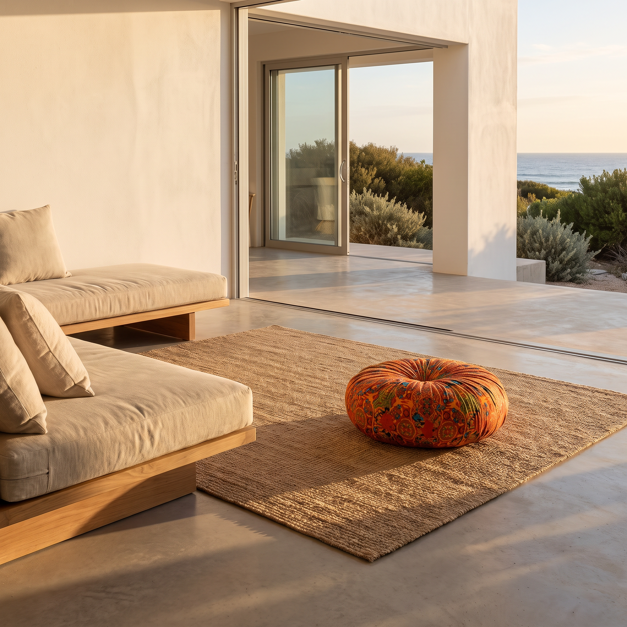 Rocio bohemian floor pillow in orange on a covered coastal terrace
