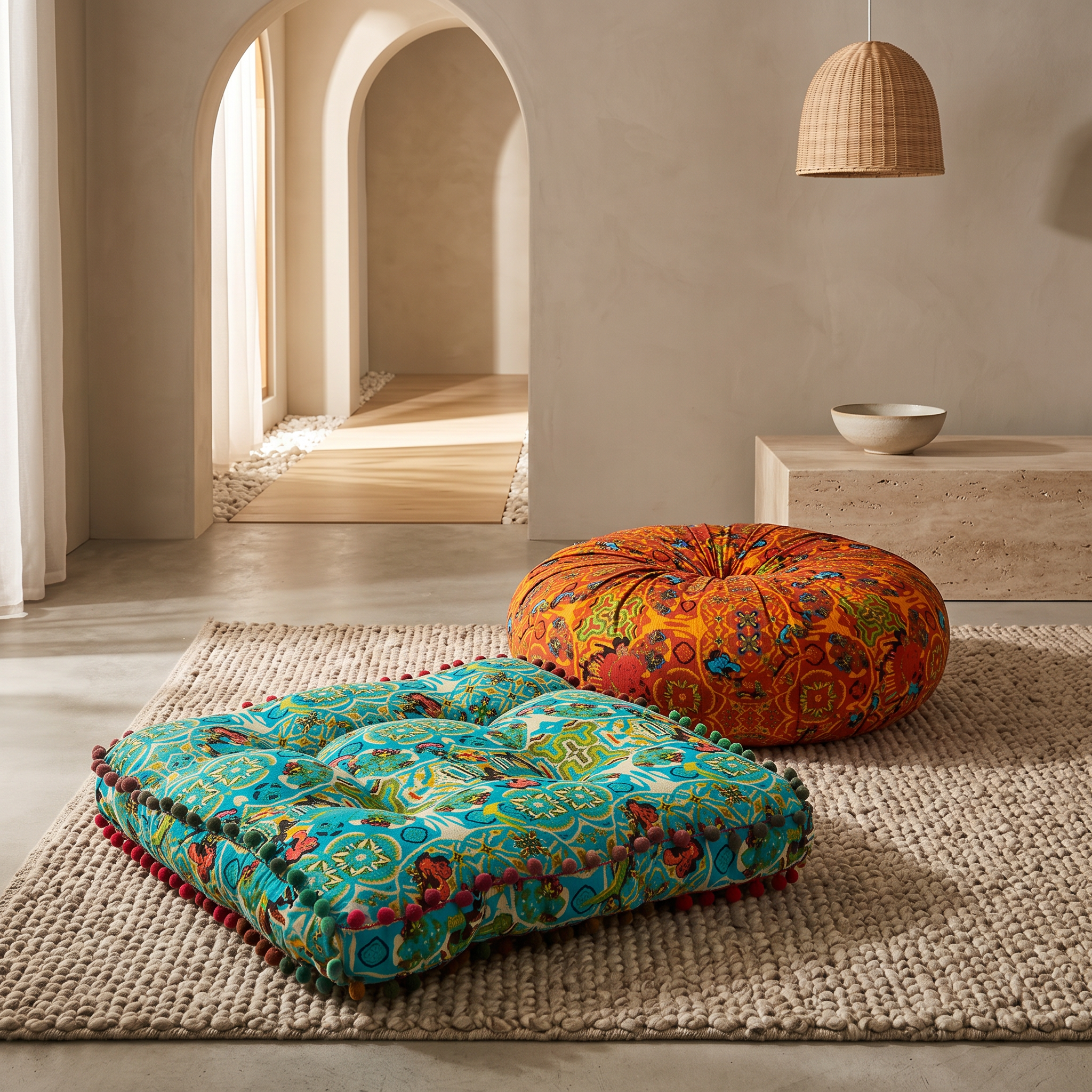 Rocio blue and round orange floor cushions in a beach house low-lounge corner