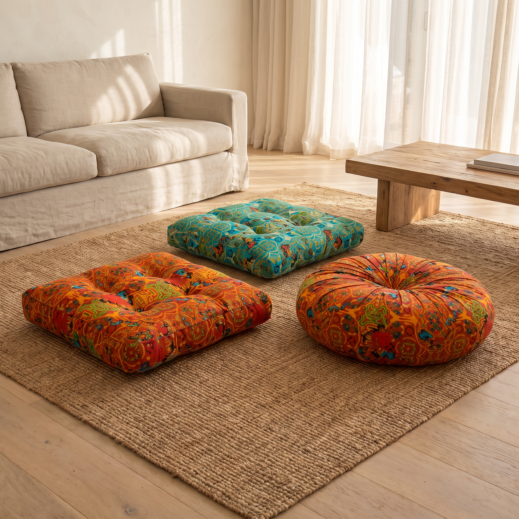 Rocio embroidered floor cushions in orange, blue and round orange on a jute rug