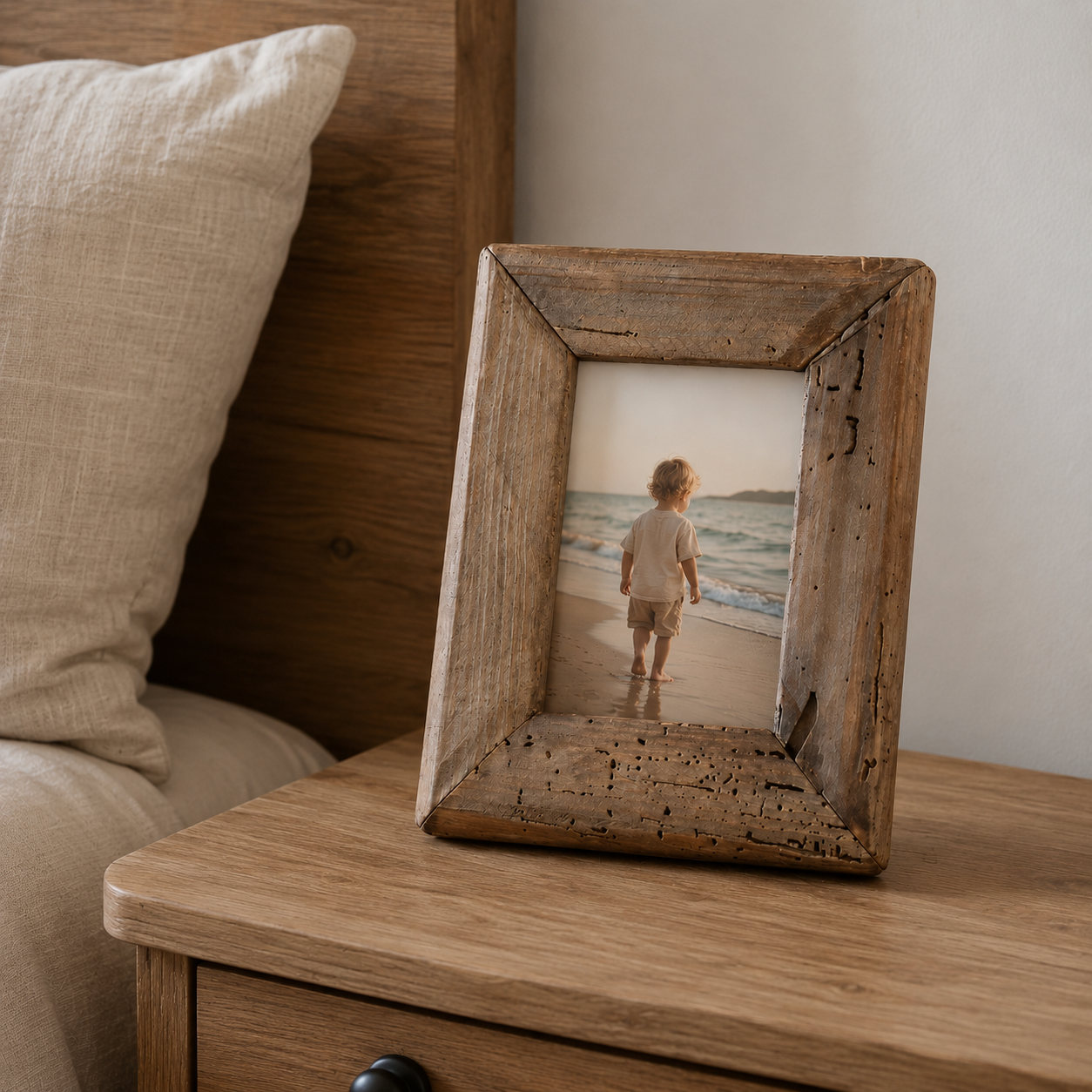 Close-up of the Rustic Pine Photo Frame's natural wood grain and knots