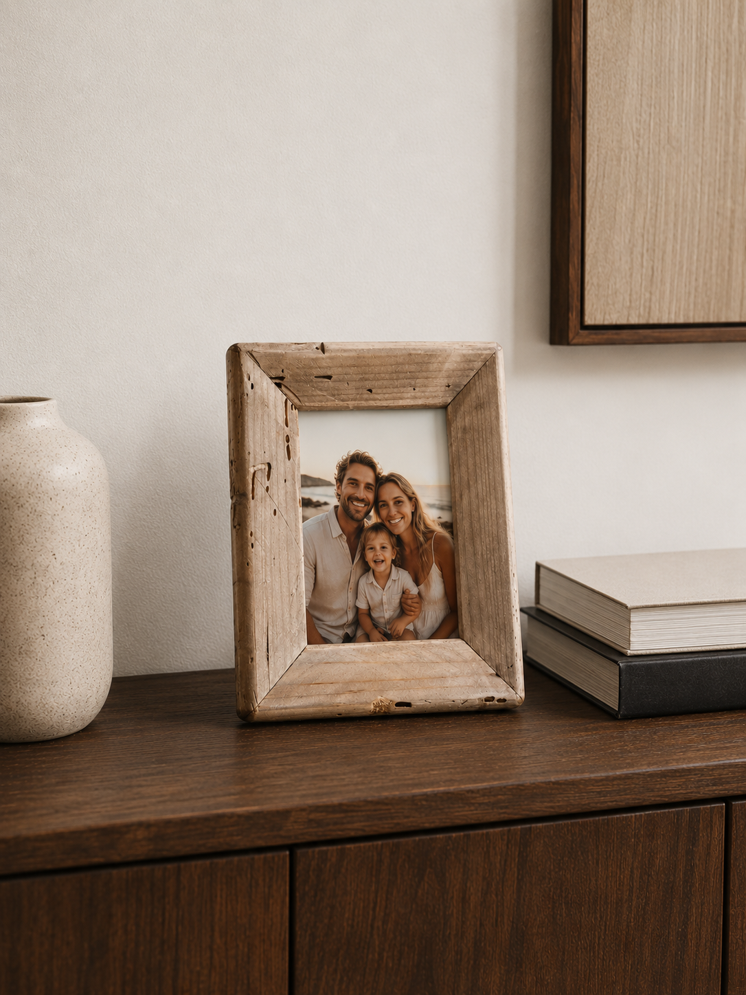 Rustic Pine Photo Frame in a farmhouse-style living room setting