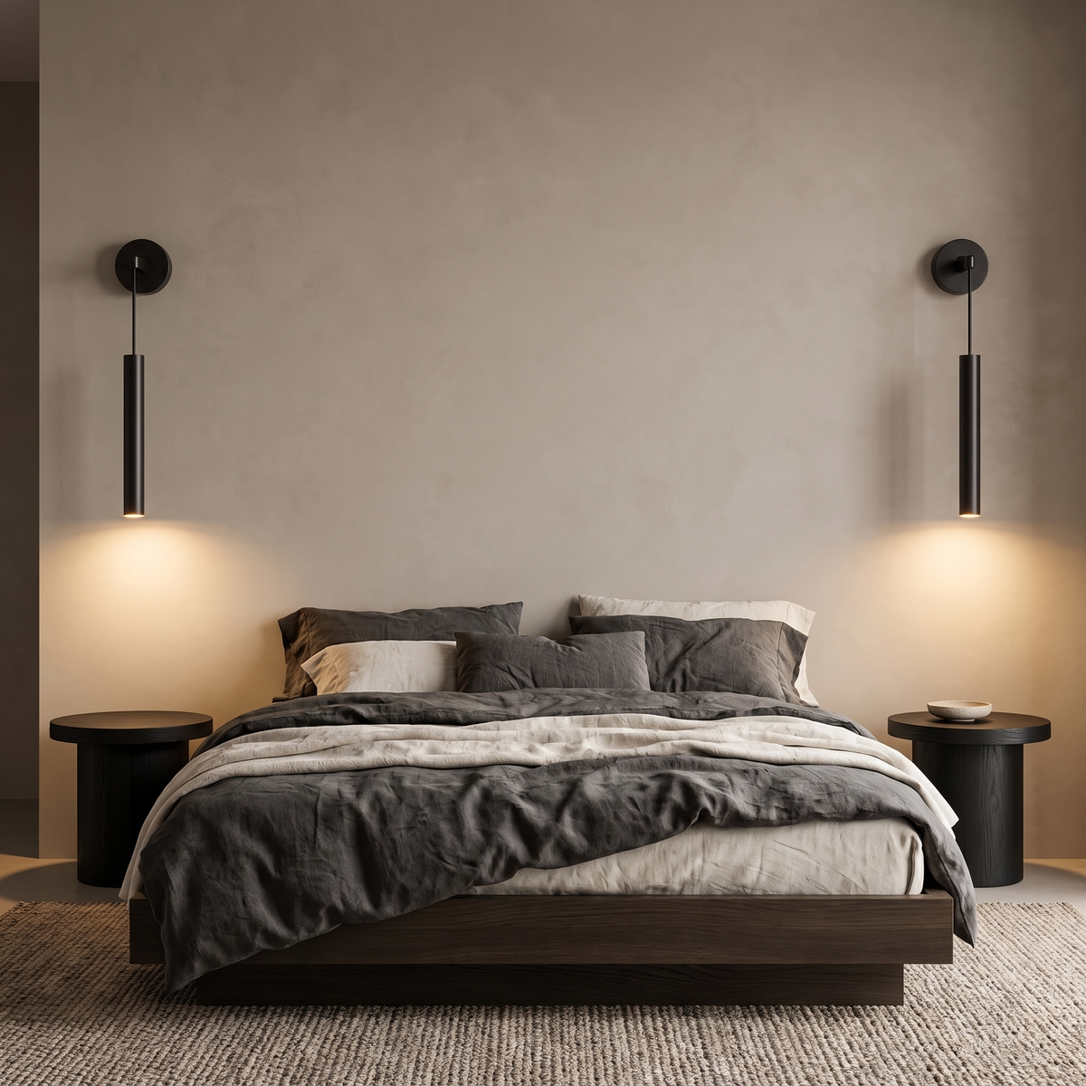 Pair of Sab black suspended wall sconces either side of a dark oak bed