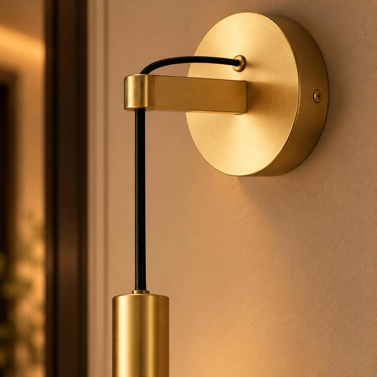 Detail of the Sab brass wall plate, arm and fine cord holding the LED cylinder