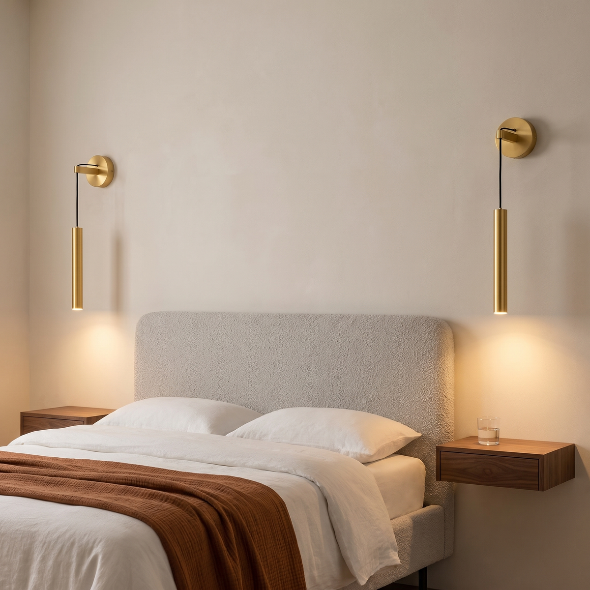 Pair of Sab brass suspended LED wall sconces either side of a boucle headboard