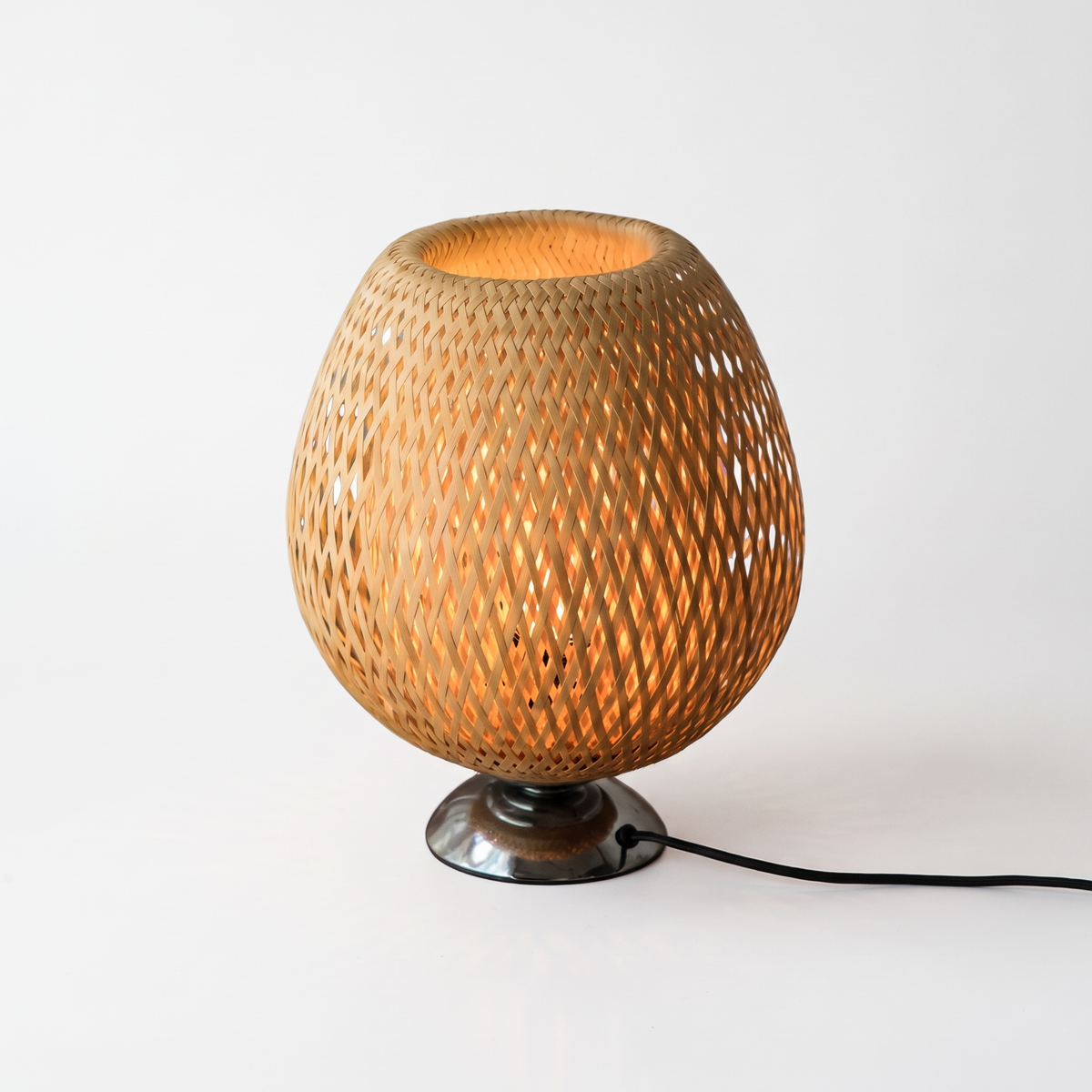 Sabatu bamboo table lamp short size with metal base on a white background