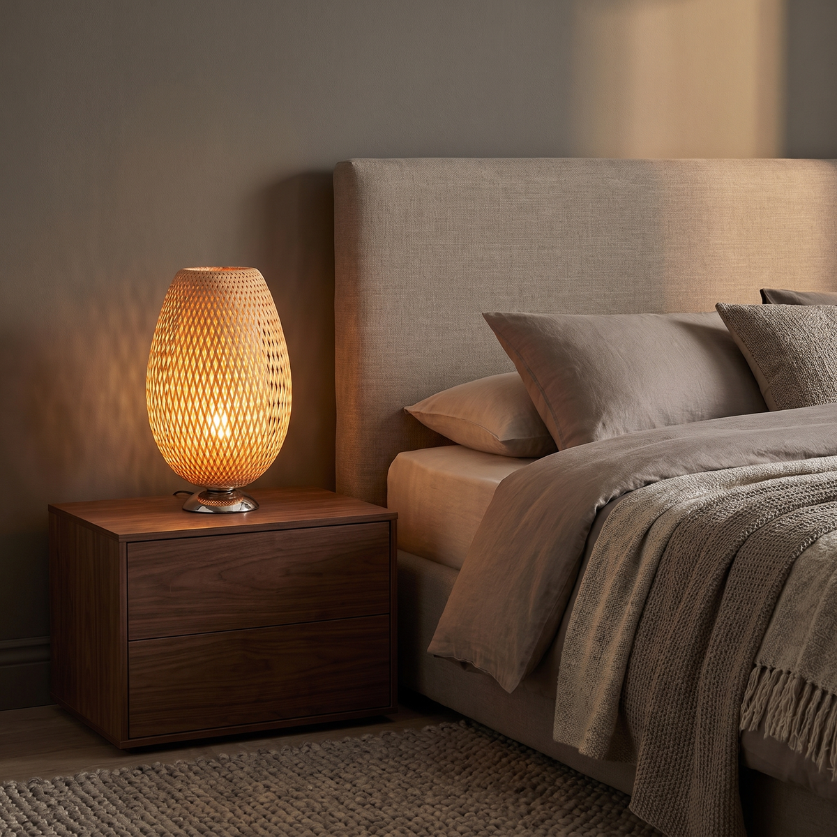 Sabatu bamboo table lamp tall size with metal base glowing on a walnut bedside table