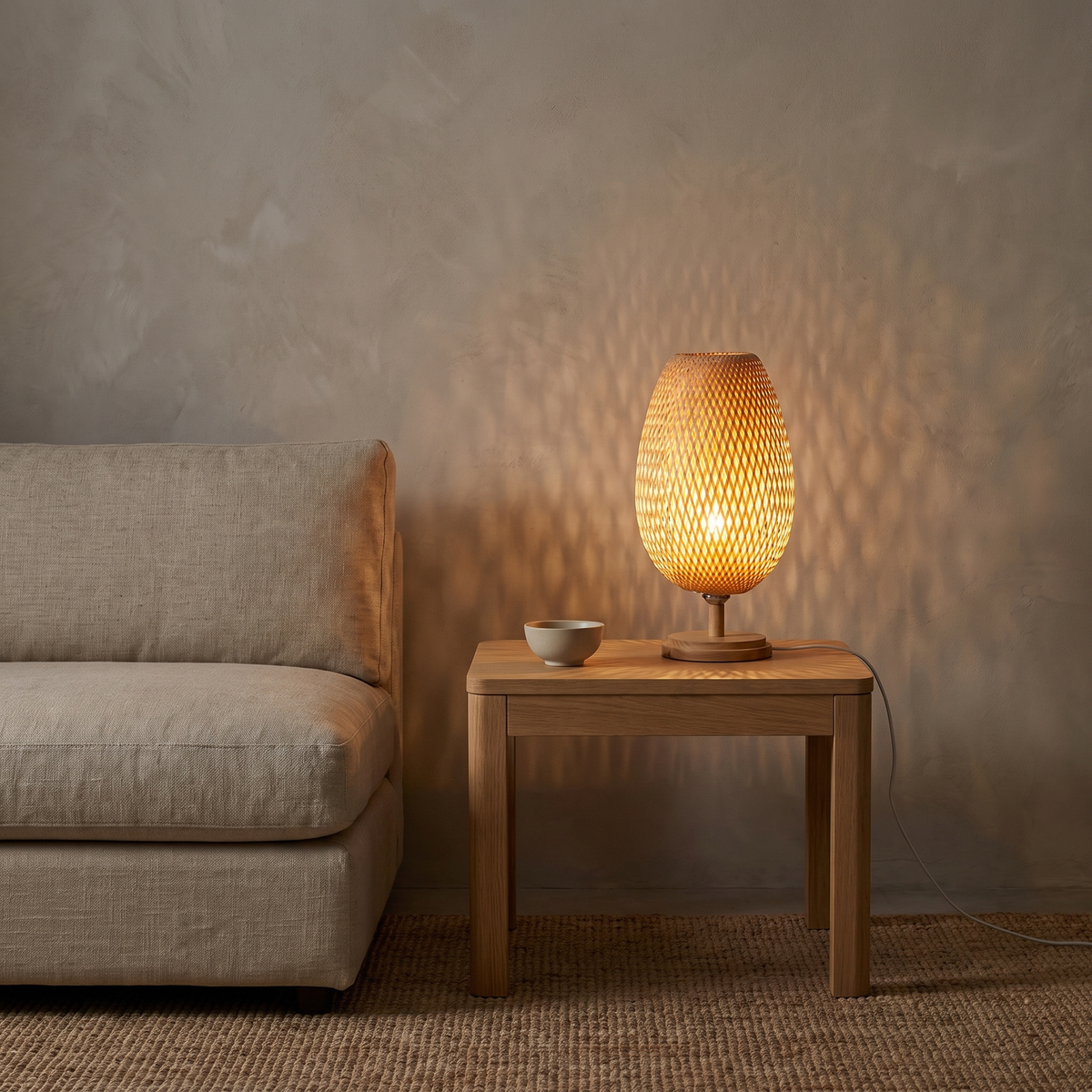 Sabatu bamboo table lamp tall size with wood base lit in a Japandi living room at night