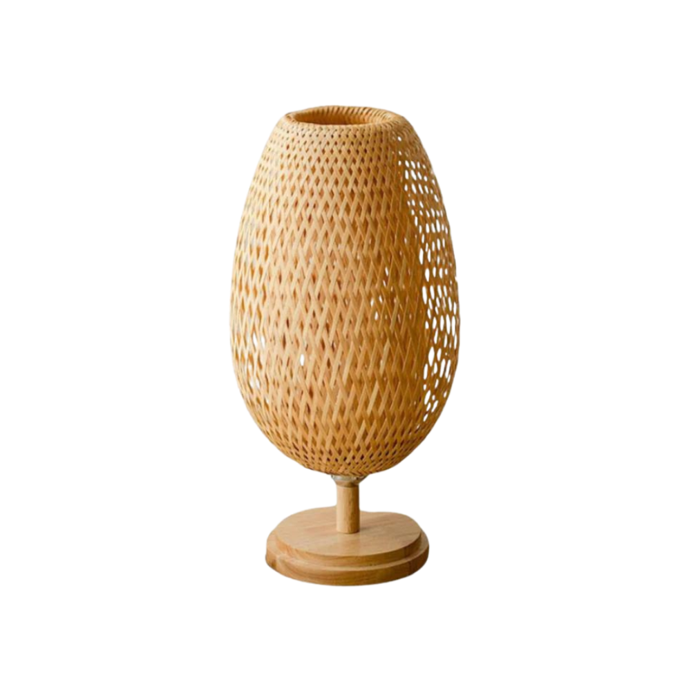Sabatu bamboo table lamp tall size with wood base handwoven weave detail