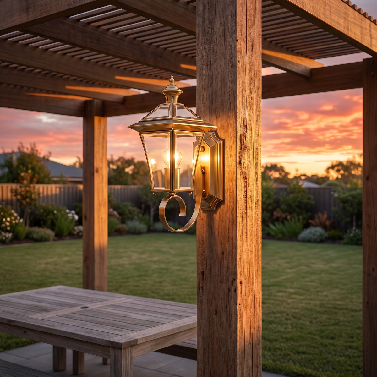 Pair of bronze Sade outdoor lanterns lighting a covered verandah in an Australian backyard at twilight