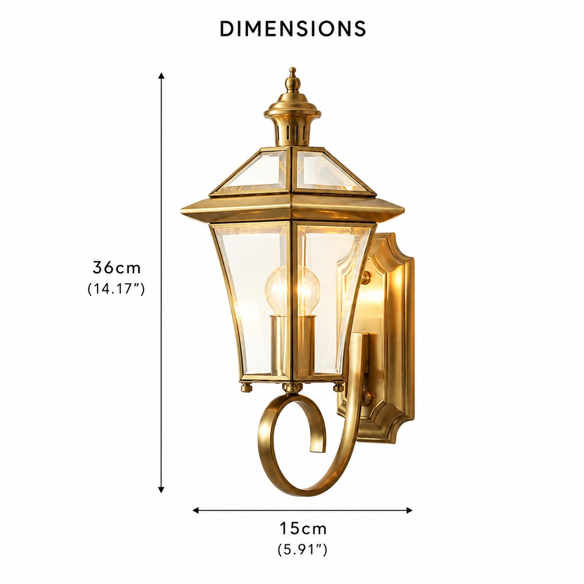 Sade outdoor wall lantern dimensions diagram showing 15cm wide by 36cm high in centimetres and inches
