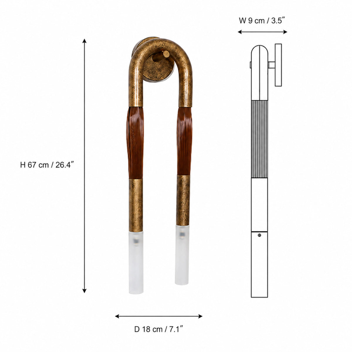 Salin double wall sconce dimensions, 67cm tall, 18cm wide and 9cm deep