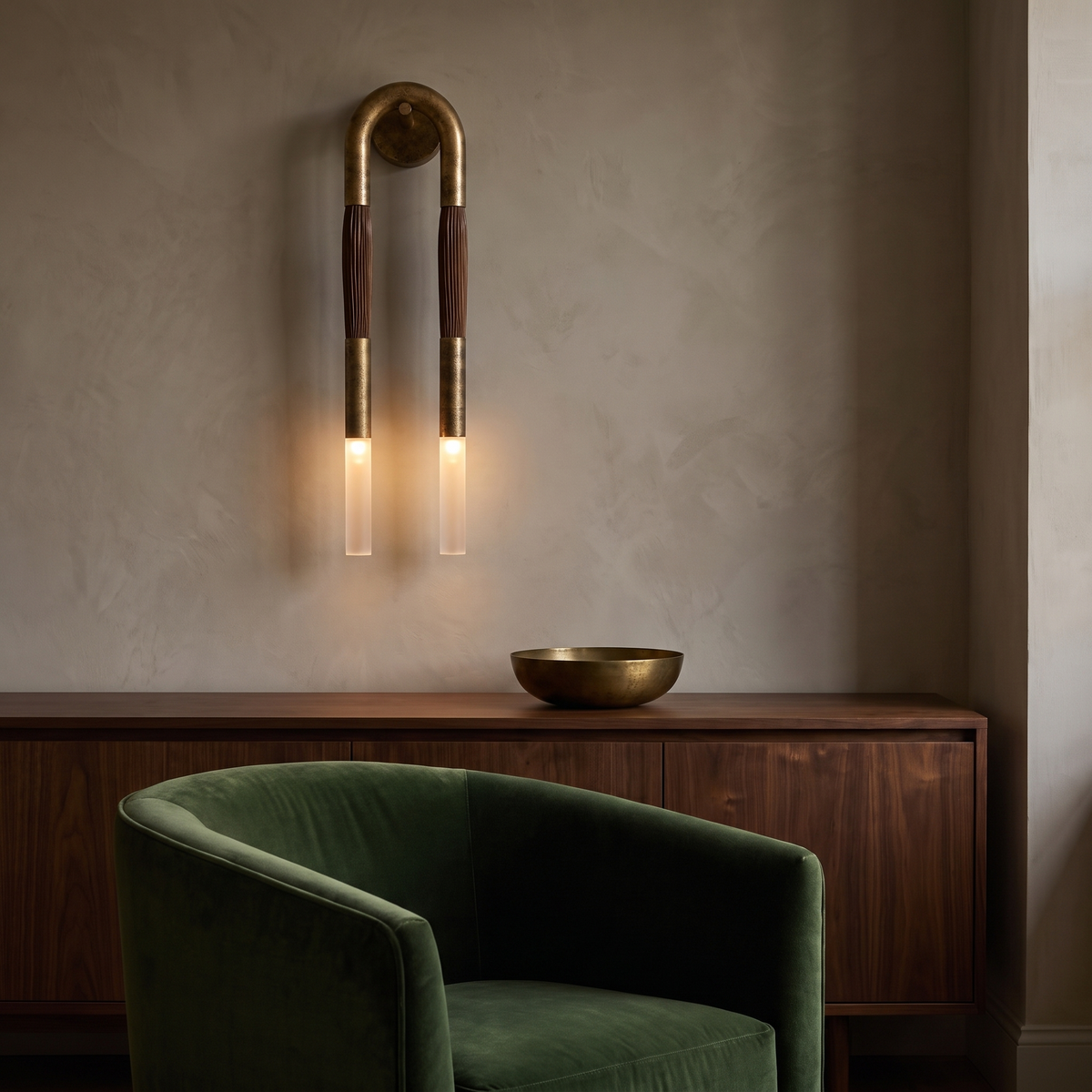 Salin aged gold hairpin double wall sconce above a walnut sideboard