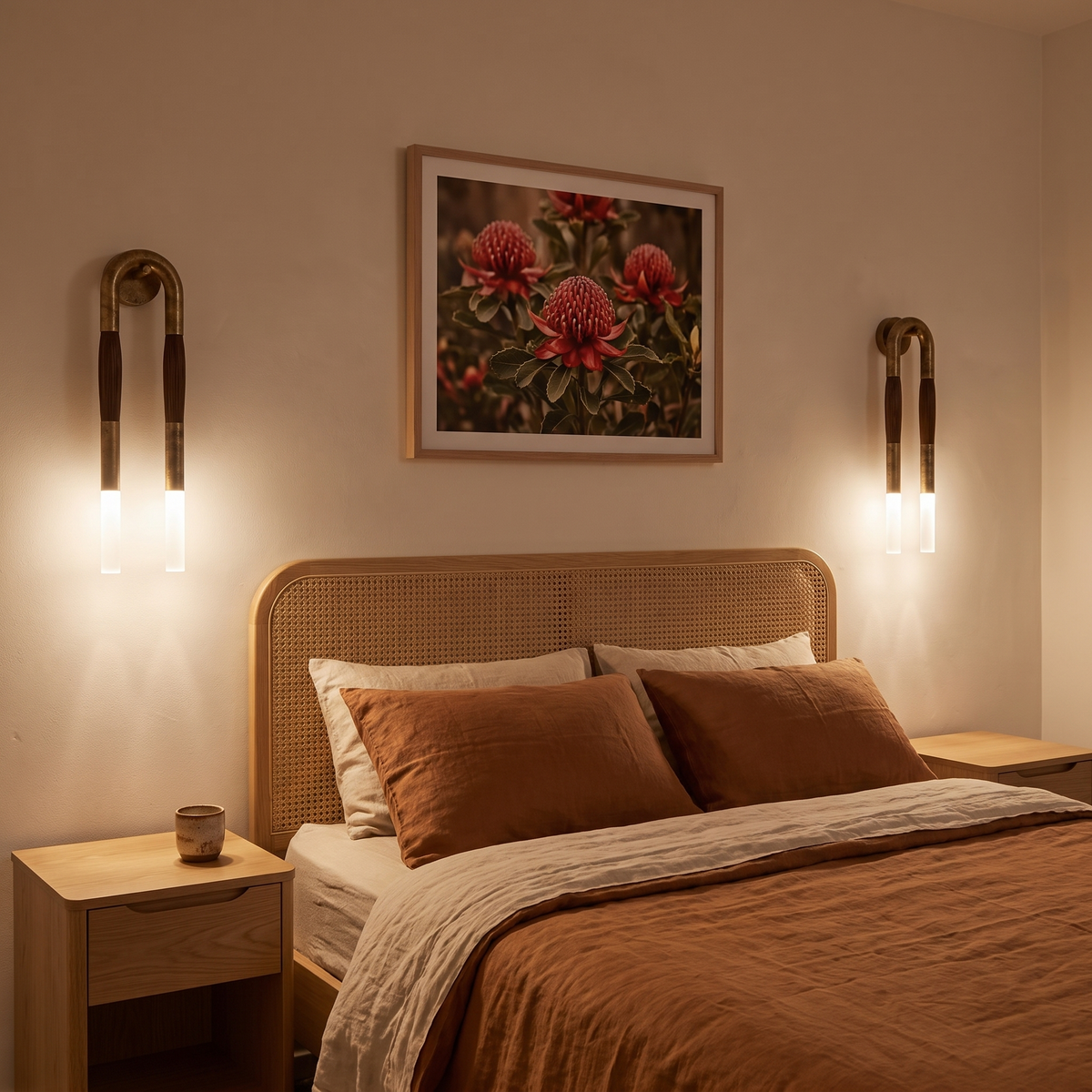 Pair of Salin aged gold double wall sconces either side of a cane bed