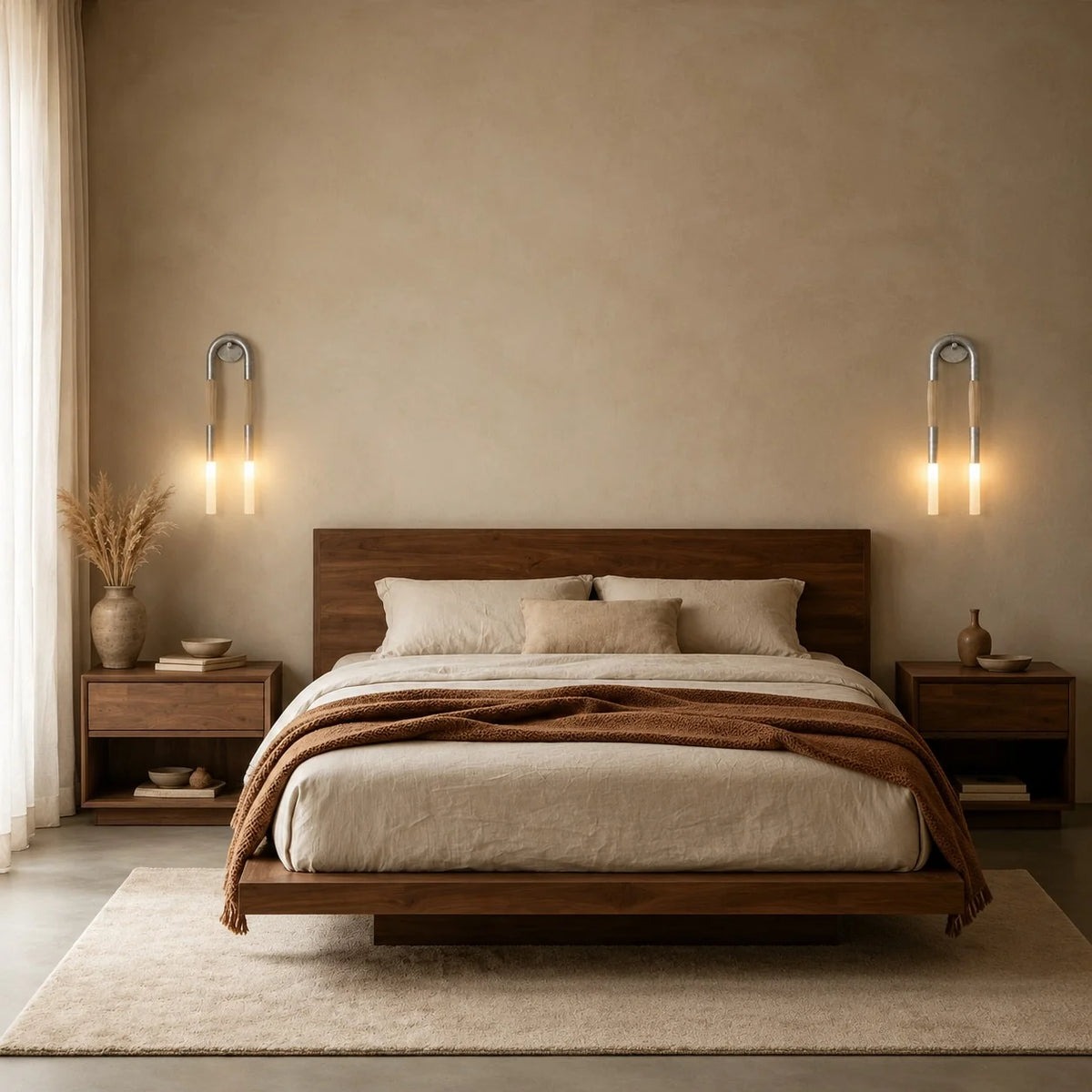 Pair of Salin hairpin wall sconces glowing either side of a timber platform bed