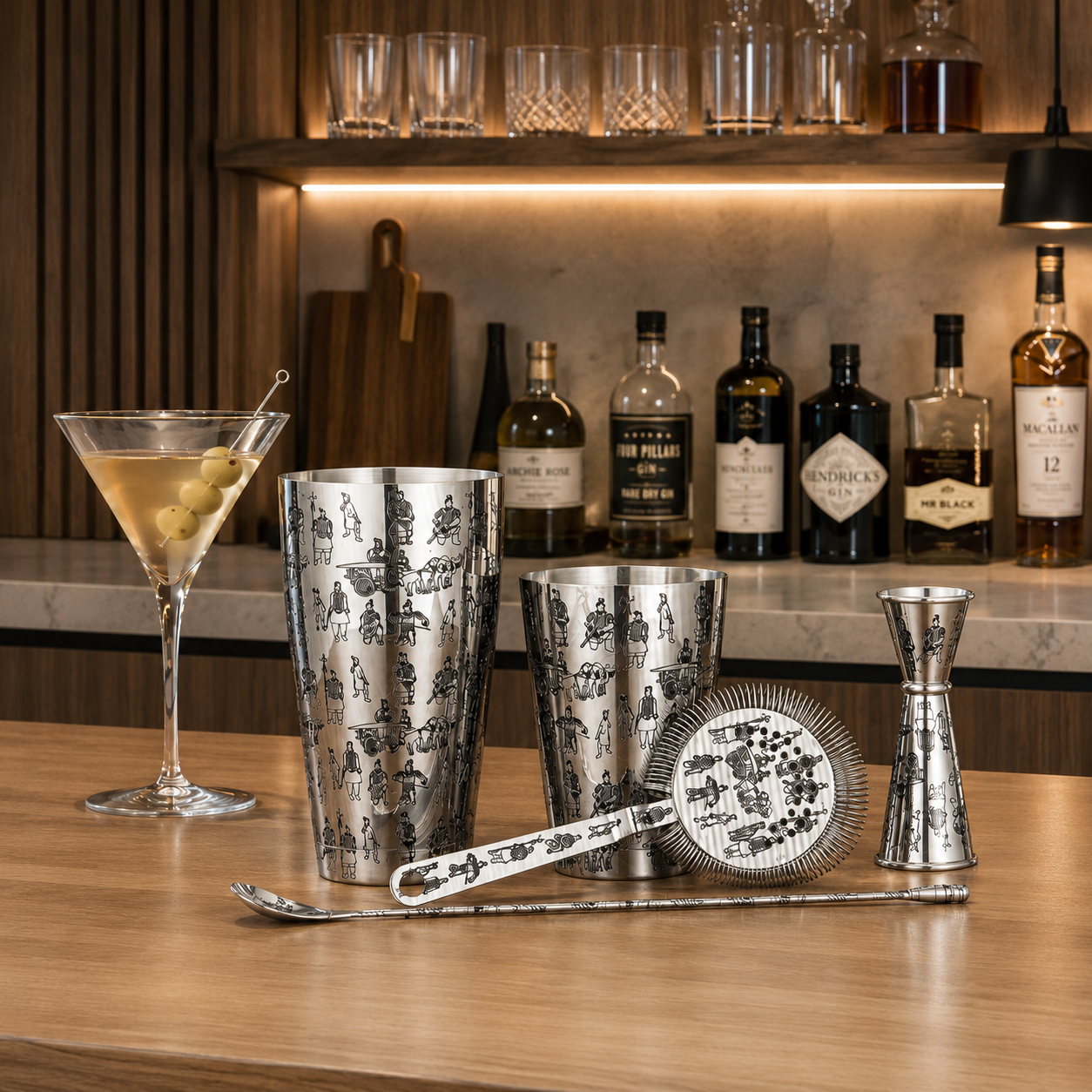 Sands 5-piece etched cocktail shaker set displayed together