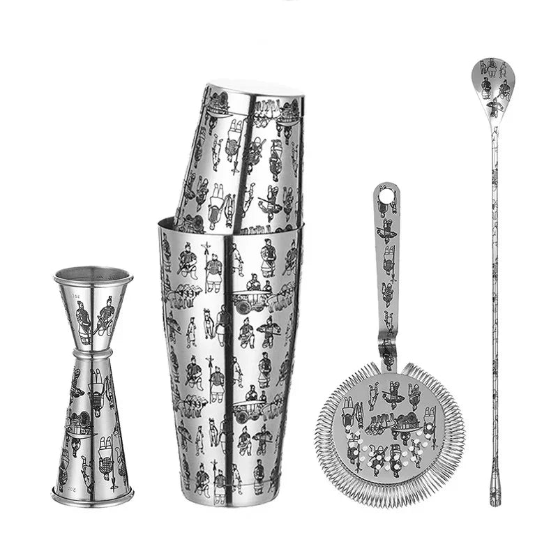 Sands cocktail shaker set in the Terracotta Army etched design