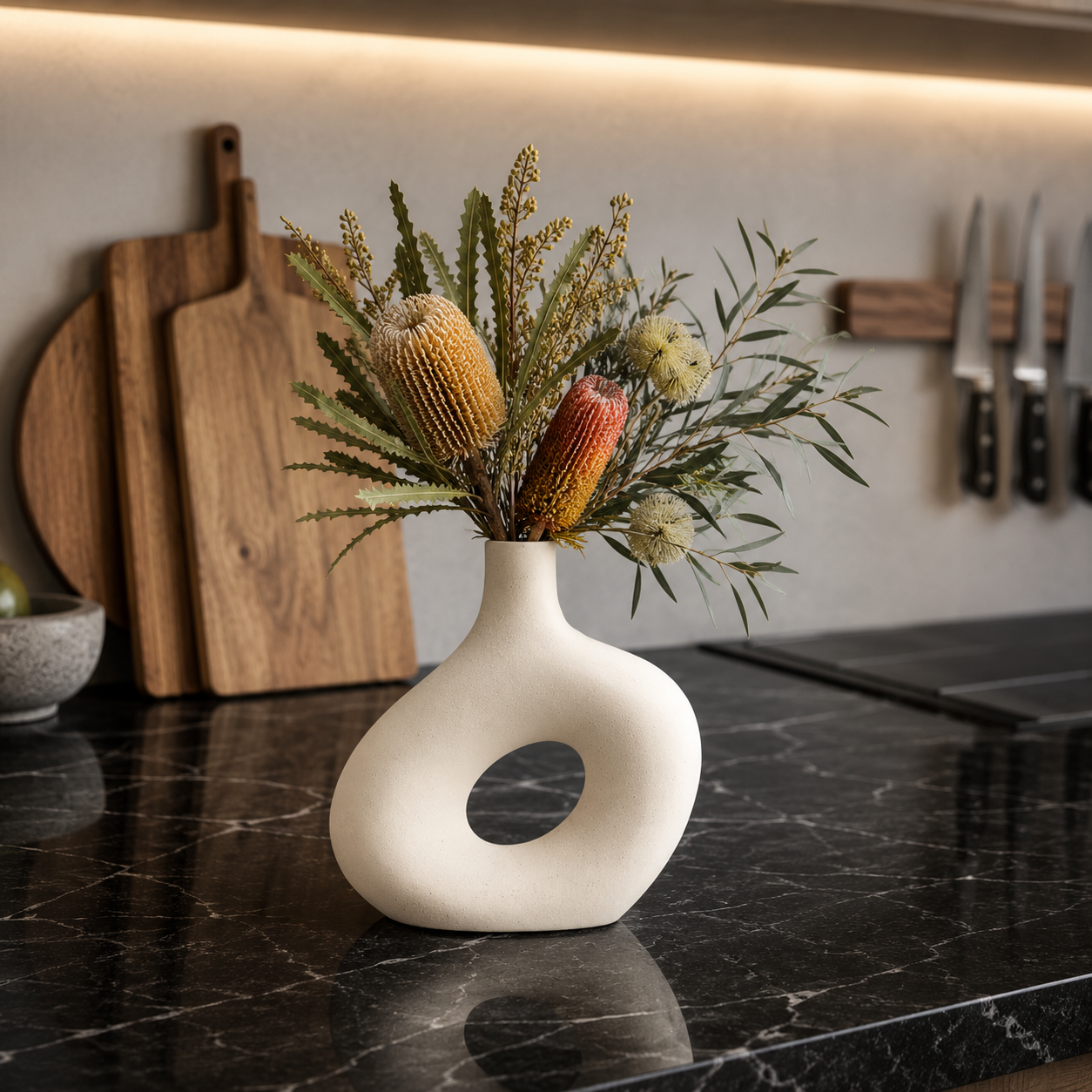 Close-up of the Sash Vase's contemporary hollow round silhouette