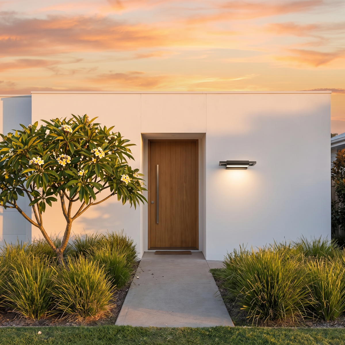 Shan outdoor wall light, 35cm, on a white rendered coastal facade with frangipani at golden hour