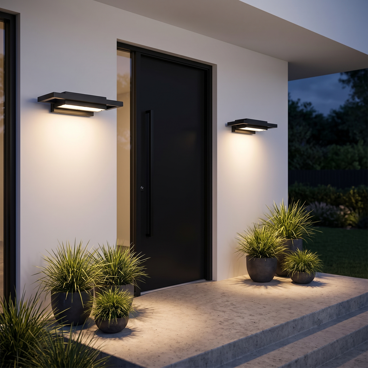 Two Shan outdoor wall lights, 35cm, either side of a black front door on white render at night