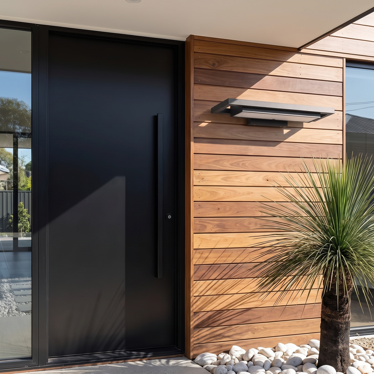 Shan outdoor wall light, 55cm, on spotted gum cladding beside a black pivot front door