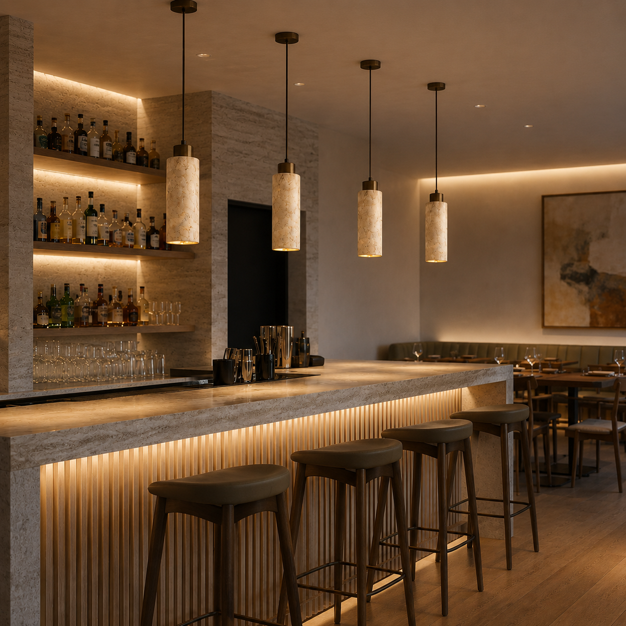 Sienna travertine pendant light in warm natural stone with a soft LED glow