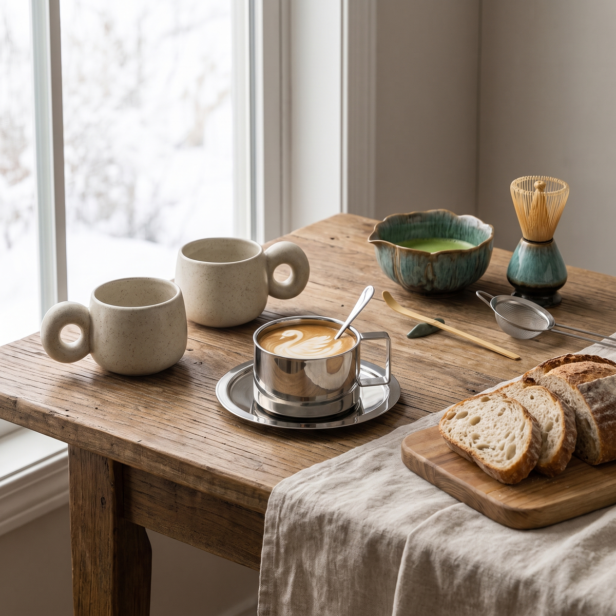 Lior mugs, Tavra coffee cup and Yuki matcha set on a timber breakfast table by a window