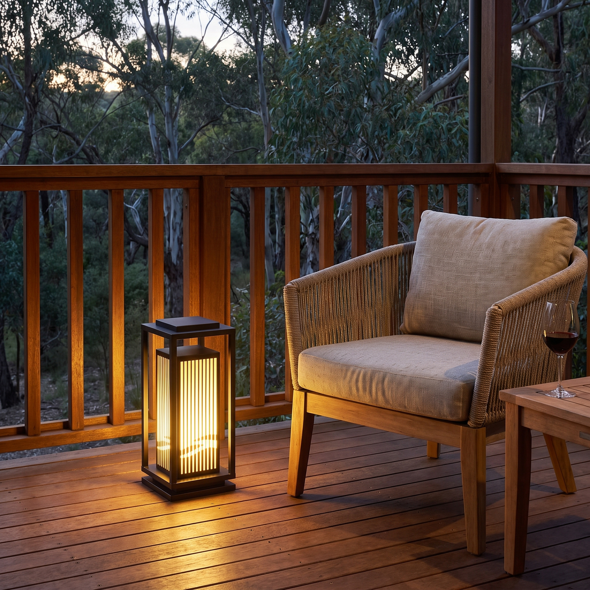 Small Ballina slatted lantern on a timber deck beside an outdoor armchair