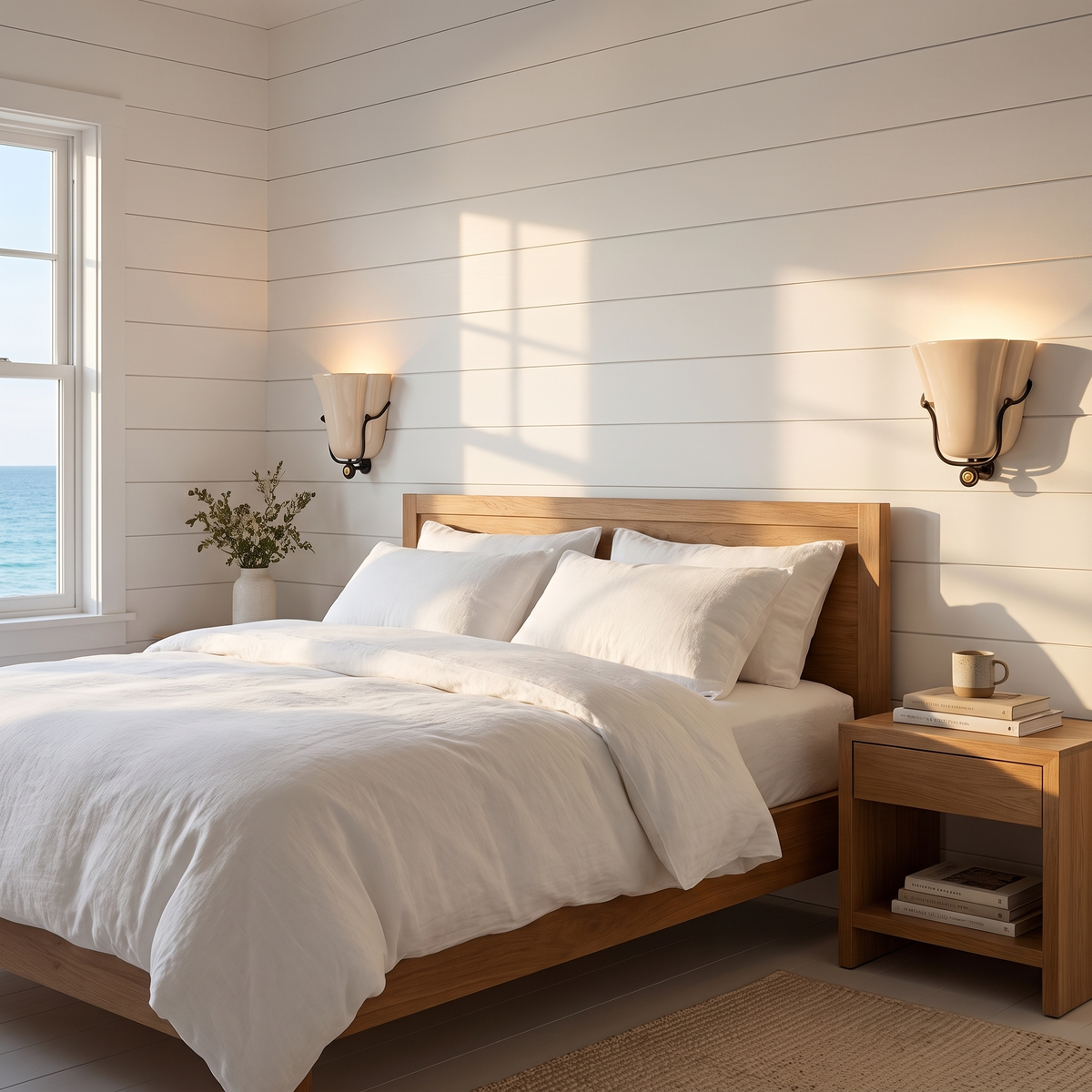 Smyth ceramic wall sconce in beige either side of the bed in a beach house bedroom
