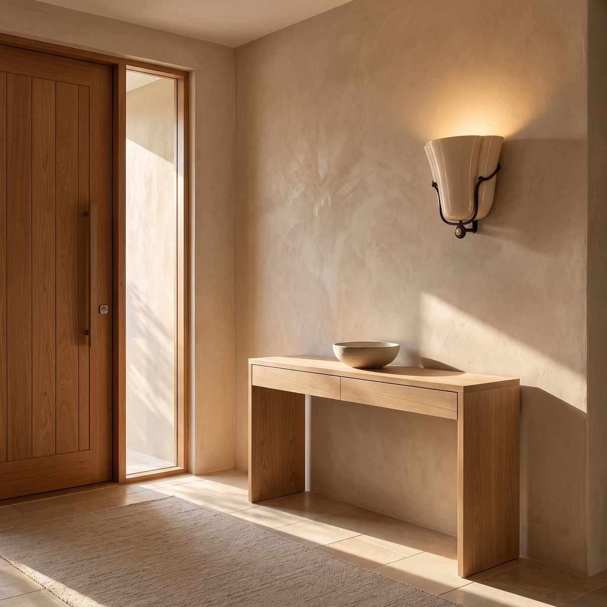 Smyth ceramic wall sconce in beige in an entryway near the front door