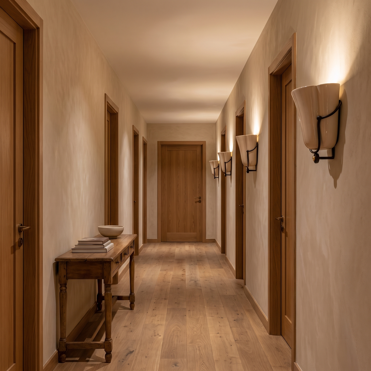 Smyth ceramic wall sconce in beige in a hotel corridor
