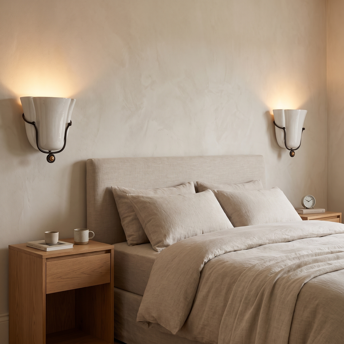 Smyth ceramic wall sconce in white in a bedroom