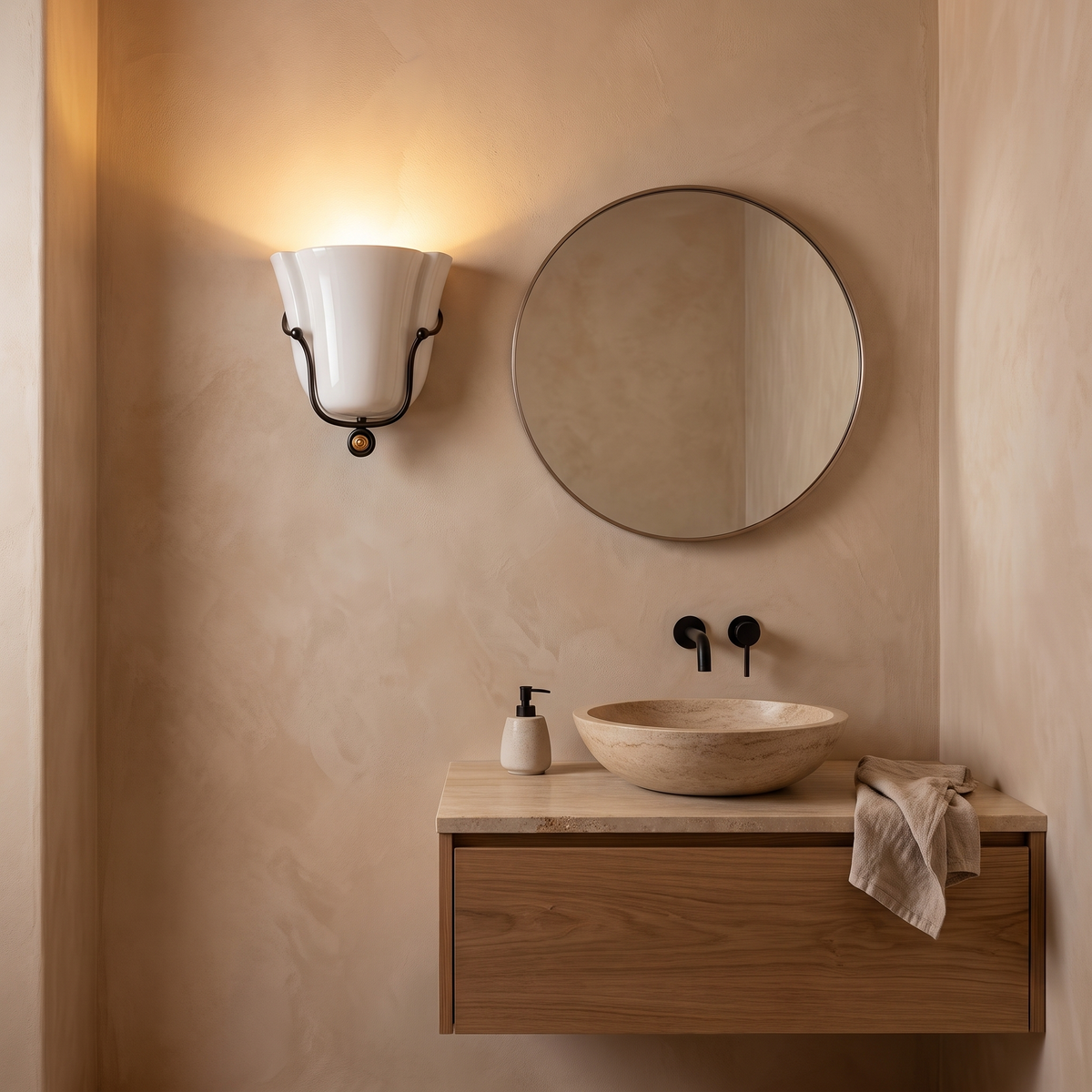 Smyth ceramic wall sconce in white beside a round mirror in a powder room